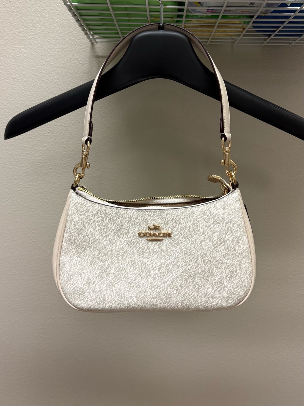 Coach Cream Signature Canvas Shoulder Bag with Gold Hardware